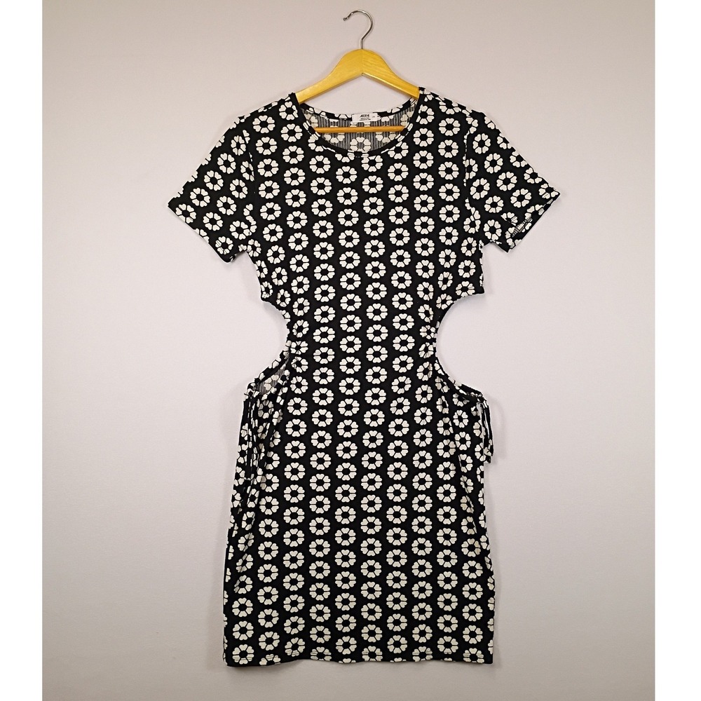 Retro Y2K Ardene Women Large Black White Floral Cut Out Ribbed Mini Dress L